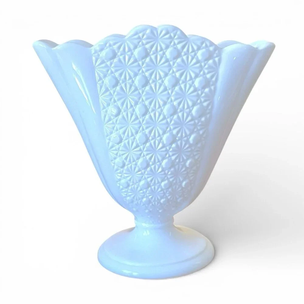 Vintage Fenton Daisy and Button Fan Vase White Milk Glass Cottagecore Farmhouse